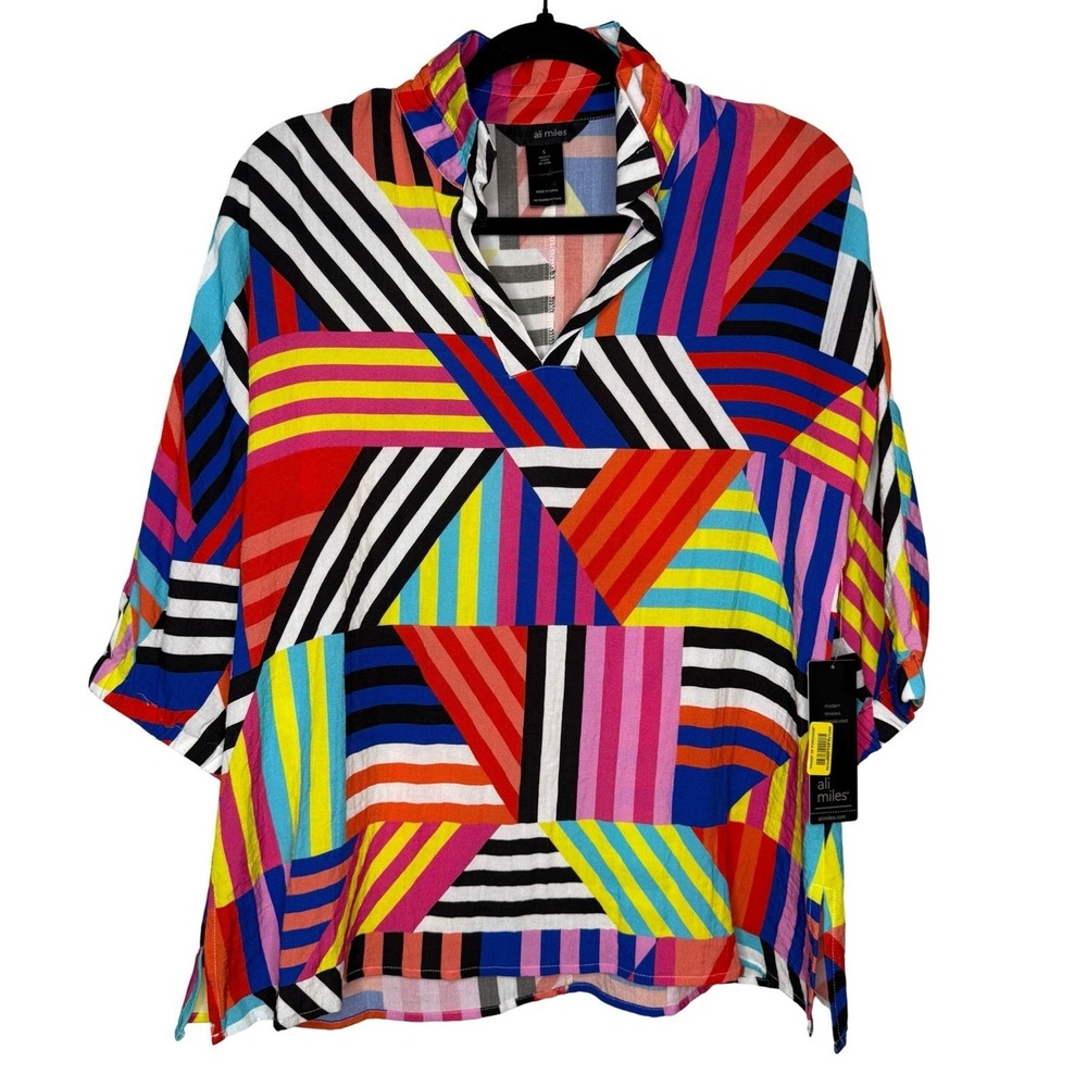 NWT Ali Miles Blouse Top Small 3/4 Sleeve Wired Collar‎ Colorful Abstract Art